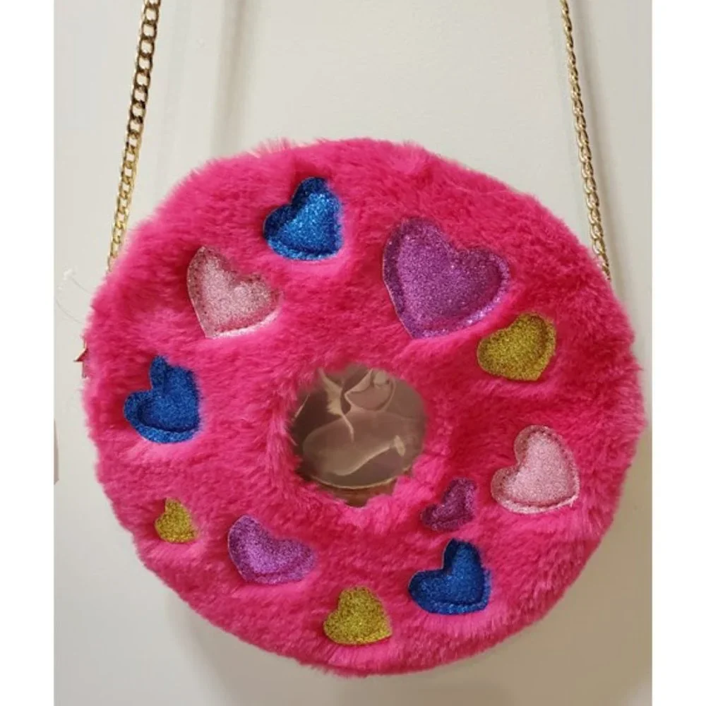 NWT Fuzzy Hot Pink Donut Crossbody Bag Glitter Hearts B Rosy Barbiecore Kidcore